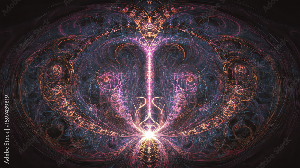 Poster vibrant abstract pattern with glowing lines and fluid shapes. hypnotic digital art creating an other