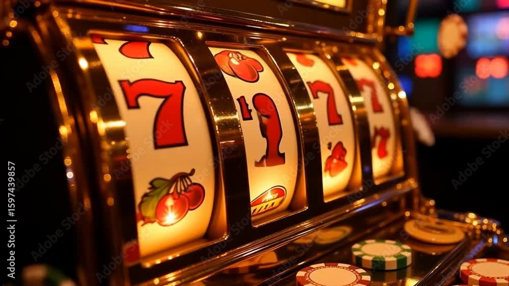 Poster the image shows a close-up of a slot machine with spinning reels displaying vibrant symbols like che