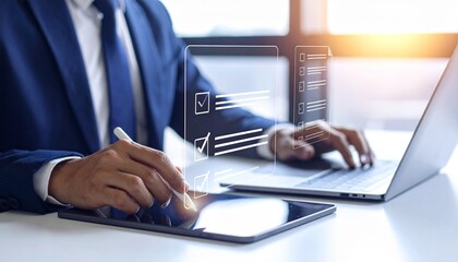 Businessman using digital tablet and laptop for online checklist and document management