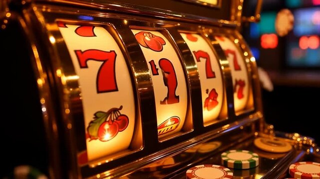 The image shows a close-up of a slot machine with spinning reels displaying vibrant symbols like cherries and sevens.