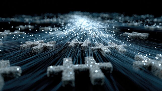 Flow of infinite 3D hashtag symbols across digital plane represents trending topics, social media engagement, and the velocity of digital conversation in connected networks. - Powered by Adobe