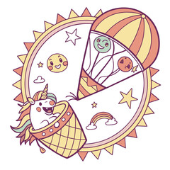Unicorn Hot Air Balloon Fantasy Scene — Whimsical Vector with Smiling Sun, Rainbow, Stars, and Floating Faces