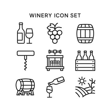 Wine bottle and glass vector icons. Outline symbols. Line design