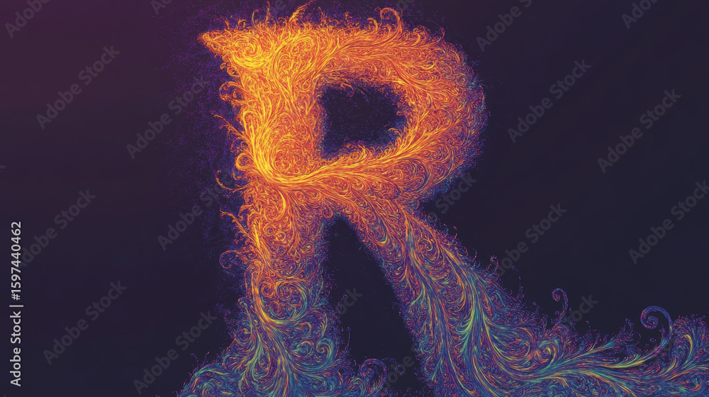 Poster vibrant fiery letter r with intricate swirling patterns. dynamic fluid art in warm and cool colors.