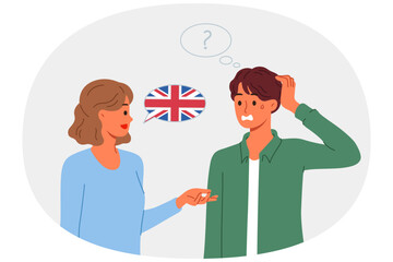 Language barrier for native english speakers from uk and us who have problems communicating. Man does not understand woman from england due to presence of language barrier and strong accent © aprint22com