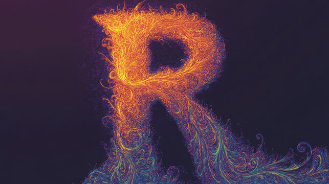 Vibrant fiery letter R with intricate swirling patterns. Dynamic fluid art in warm and cool colors.