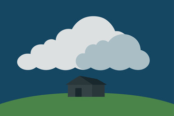 Fototapeta premium A solitary house sits under a large looming cloud on a green hill