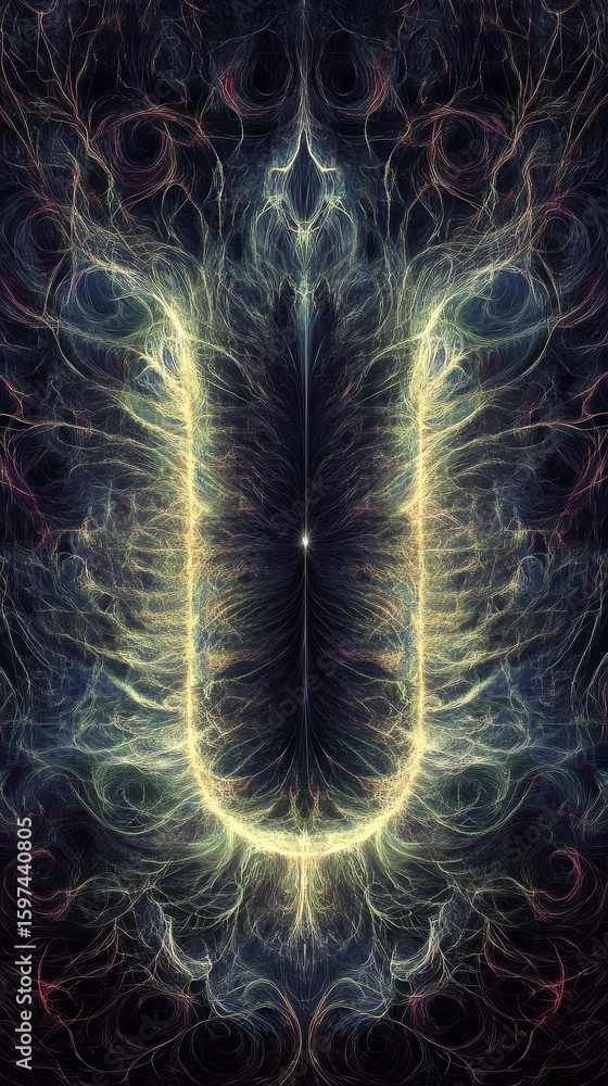 Poster abstract energy pattern with luminous yellow lines. mysterious dark background evokes light and flow