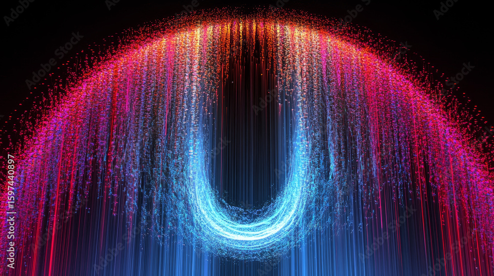 Poster vibrant light particles cascade in brilliant hues creating an abstract spectrum. energetic blue, red