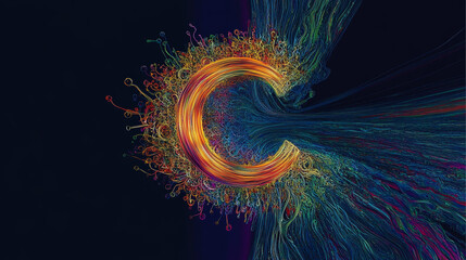 Abstract artwork features glowing orange 'C' initial. It transforms into intricate, colorful strands.