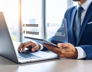 Business professional using laptop and tablet with digital checklist interface