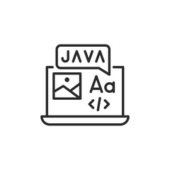 Java development icon. Laptop with Java text, code symbol, and multimedia elements. Symbol for coding, web development, or programming interface. Vector illustration