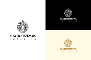 illustration of circular swirl made of time related elements, vector logo for personal balance, work life balance, professional growth, stress reduction, busy professionals coaching, and more