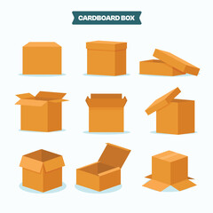 Cardboard box mockup set. Carton delivery packaging open and closed box with fragile signs.