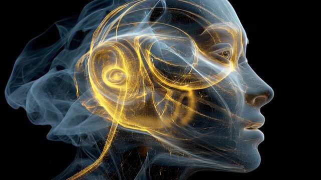 Woman's face is shown with a glowing brain. surrounded by a blue smoke. abstract AI face formed from glowing lattice of quantum entanglement lines, surreal digital mist, quantum ai development