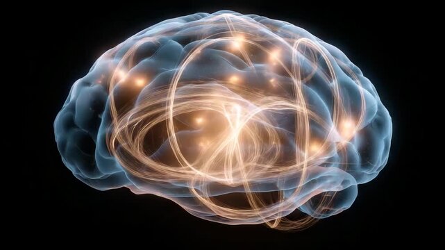 Brain with a lot of glowing stars and a yellow spot in the middle. brain hemisphere formed by spiraling quantum orbits and logic gates, gradient lighting, quantum ai development