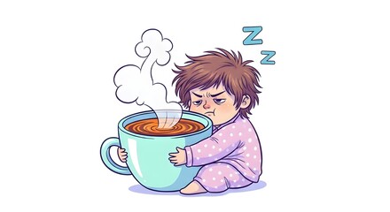 Fototapeta premium Sleepy cartoon boy hugging a huge cup of hot coffee