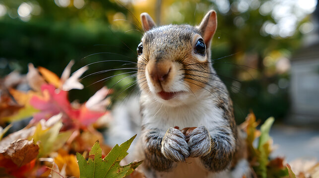A curious gray squirrel holds a nut amidst colorful autumn leaves, looking directly at the camera in natural light. Ai Generated Images