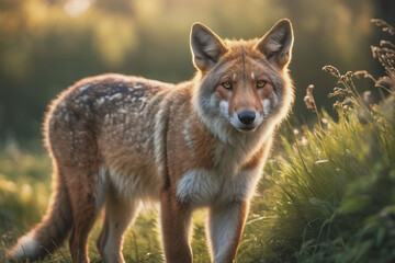 Captivating coyote portrait amidst lush foliage, showcasing its unique fur patterns and piercing gaze, creating an intimate connection with nature's untamed beauty and resilience