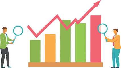 Two people analyze a bar graph with a rising trend line using magnifying glasses for insights and details