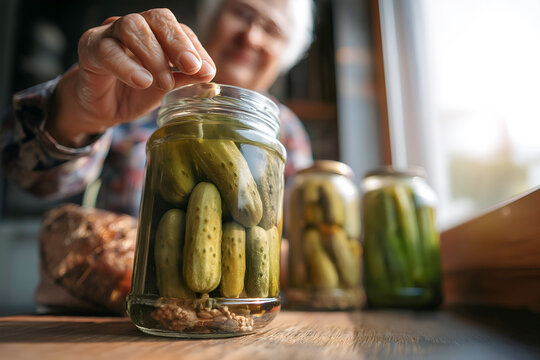 Senior individual in plaid shirt is placing a lid on a jar of pickles, surrounded by additional jars and fresh cucumbers, showcasing the art of home canning and preservation techniques