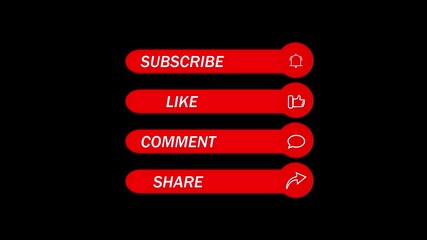 Engaging user interface elements for social media subscribe like share comment animation in loop. Animated social media buttons subscribe like comment share with red black background.