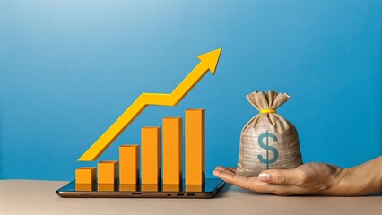 A financial graph shows investment growth with a bag of money