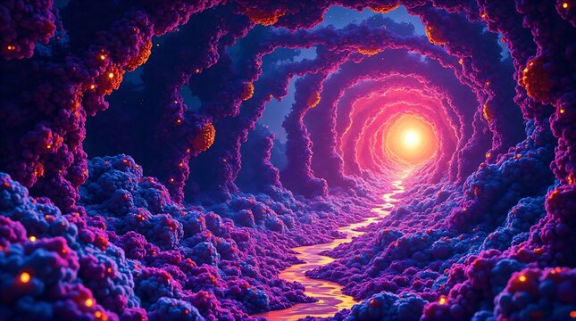 Vibrant tunnel through a cosmic galaxy nebula of purple clouds