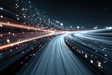 Abstract image of fiber optic cables with glowing light trails. Depicts data transfer, technology, and future digital communications.