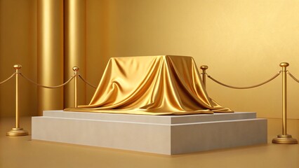 A golden cloth covered object on a podium with rope barriers