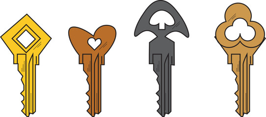 The Illustration of key with unique shape such as heart, diamond, clove, and spade