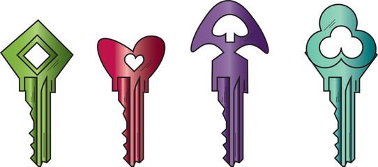 The Illustration of key with unique shape such as heart, diamond, clove, and spade