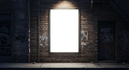 Blank white billboard mounted on a weathered brick wall in an urban alleyway, illuminated by a spotlight, with graffiti and a dark doorway nearby.