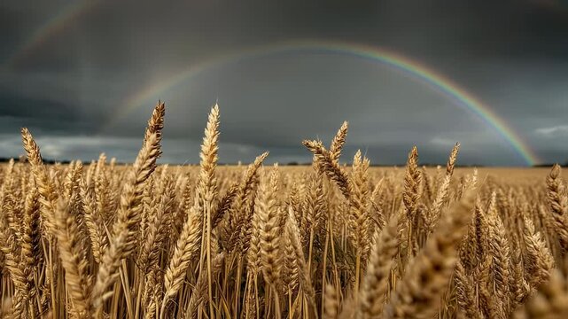 Colorful rainbow arching gracefully over a rolling golden wheat crop beneath a clearing storm sky at dawn