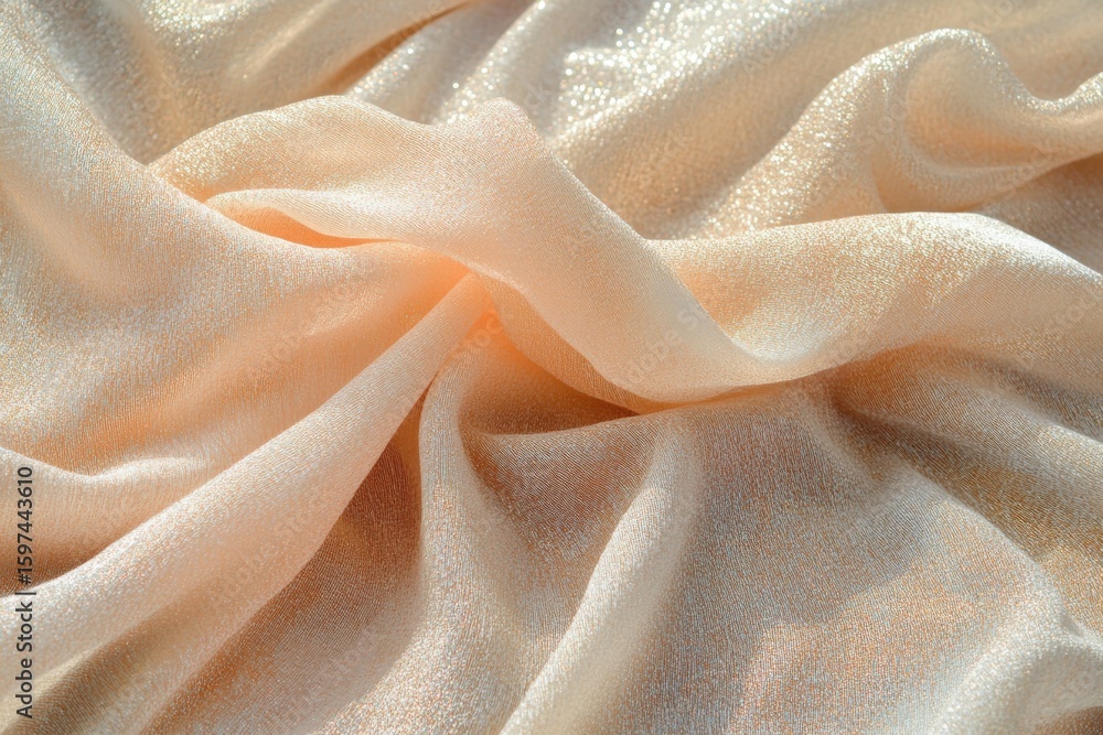 Poster close up of draped light peach fabric with soft folds and subtle shimmering texture detail showing