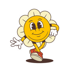 Cute flower mascot walking with bright, cheerful smile. Perfect for messaging approval, encouragement, and positivity in kids content or social designs. vector illustration