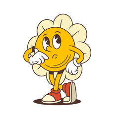 Thoughtful flower mascot standing with amused grin and hand on hip, radiating playful confidence and youthful charm. Perfect for kids content, comics, and summer branding. vector illustration