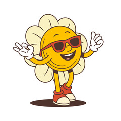 Retro-style flower mascot wearing cool sunglasses, smiling with confidence, and flashing Ok signs. Perfect for modern branding, social stickers, and fun summer content. vector illustration