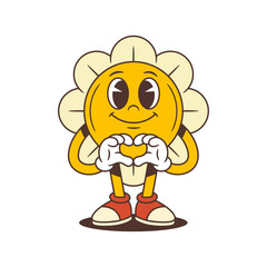 Adorable flower mascot forming a heart shape with both hands and smiling warmly, radiating love and emotional connection. Perfect for appreciation graphics or friendly messages. vector illustration