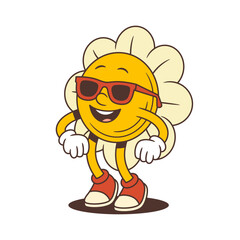 Retro flower mascot standing with hands on hips, wearing sunglasses, radiating playful confidence and charm. Perfect for youth content, branding, and summer campaigns. vector illustration
