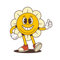 Naklejka premium Friendly flower mascot with a big smile flashing a peace sign, spreading positivity and warmth. Great for stickers, branding, greeting visuals, and uplifting seasonal content. vector illustration