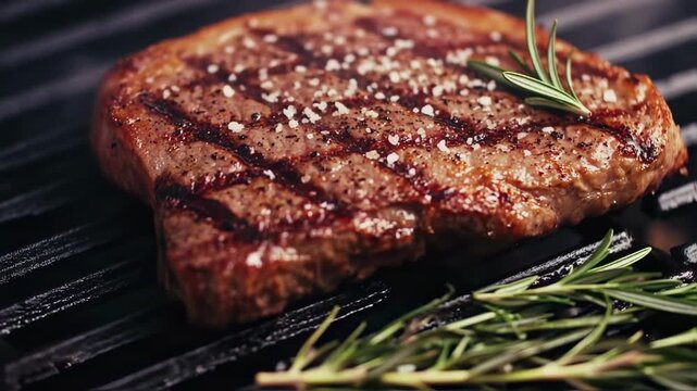 Sizzling Steak Perfection: Close-Up of Juicy Sirloin Grilling with Rosemary Garnish