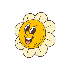 Energetic retro flower character with a bright smile, sparkling eyes, and outward radiating petals. Ideal for celebration themes, excitement, energetic messaging, and lively content