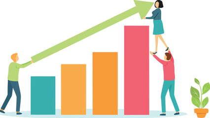 Fototapeta premium People working together to increase bar graph with green arrow pointing upwards to show growth