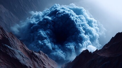 Massive blue volcanic ash cloud erupting from a crater between rugged mountain peaks