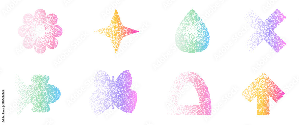 Poster grain rainbow noise gradient geometric shape set. y2k retro iridescent fish, drop with flower forms.