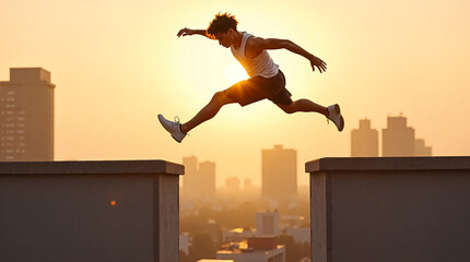 A determined young man wearing a white tank top and shorts leaps between two building rooftops against a glowing sunset cityscape. Represents determination, freedom, and urban sports.