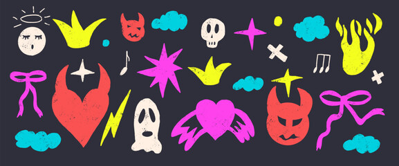 Quirky neon chalk doodles set. Devil and angels wax crayon background. Scribble love grunge elements. Hearts, bows, clouds and sketch shapes. Vector naive illustration by charcoal isolated on dark bg.