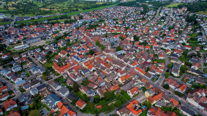 Aerial view around the old town in the city Kuppenheim on an sunny spring day	