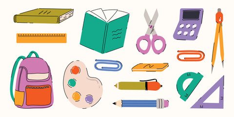 Whimsical back to school stationery supply set. Cartoon school elements, pencil, book, backpack, ruler, pen for education, study, sticker, banner, social media. Flat hand drawn isolated vector illustr